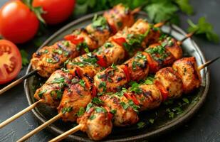 AI generated grilled chicken on kabob with tomatoes and thyme on a wooden board photo