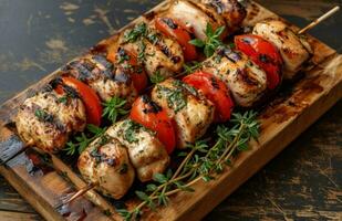 AI generated grilled chicken on kabob with tomatoes and thyme on a wooden board photo