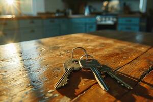 AI generated key of house keys on table in kitchen photo