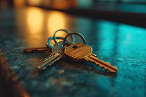 AI generated key of house keys on table in kitchen photo