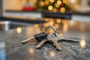 AI generated key of house keys on table in kitchen photo