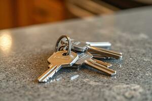 AI generated key of house keys on table in kitchen photo
