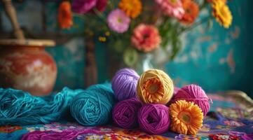 AI generated colorful yarn floats onto a colorful cloth table with photo