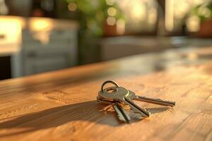 AI generated key of house keys on table in kitchen photo