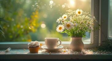 ai generado flores arreglo con taza y café en un ventana umbral foto