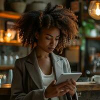 AI generated business woman in cafe reading tablet on counter photo