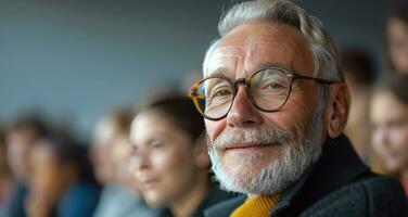 AI generated an older man in glasses in front of students photo