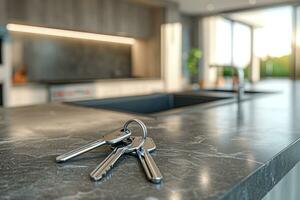 AI generated key of house keys on table in kitchen photo