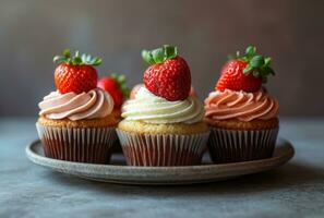 AI generated different types of cupcakes sitting on a plate with strawberries in frosting photo