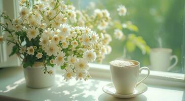 AI generated flowers arrangement with cup and coffee on a window sill photo