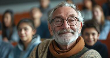 ai generado un más viejo hombre en lentes en frente de estudiantes foto