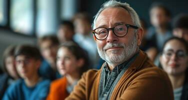 ai generado un más viejo hombre en lentes en frente de estudiantes foto