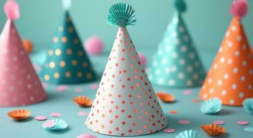 AI generated different types of paper party hats lying on top of table photo