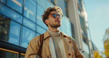 ai generado hermoso masculino humano vistiendo lentes y compras con bolso foto