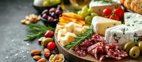 AI generated board with cheese and olives, nuts and fruits, on wooden table photo