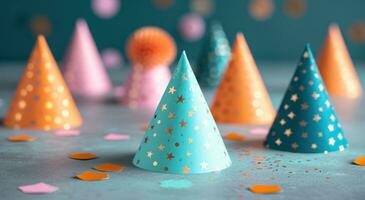 AI generated different types of paper party hats lying on top of table photo