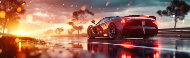 AI generated an exotic car is driving on a highway and at sunset photo