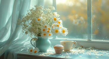 AI generated flowers arrangement with cup and coffee on a window sill photo