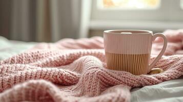 AI generated mug with fresh hot tea on bed next to a cozy blanket photo