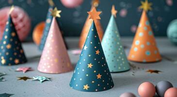 AI generated different types of paper party hats lying on top of table photo