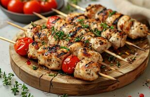 AI generated grilled chicken on kabob with tomatoes and thyme on a wooden board photo