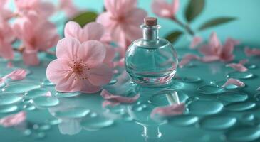 AI generated floral perfumes on a blue background photo