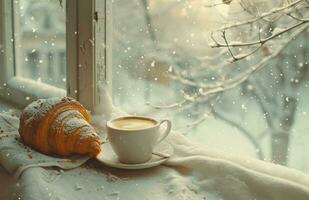 ai generado café y cuerno siguiente a un ventana asiento con nieve foto