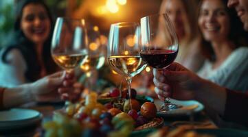 ai generado personas a un cena mesa bebida vino foto