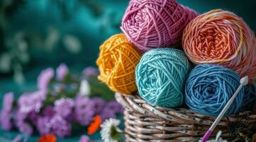 AI generated colorful yarn floats onto a colorful cloth table with photo