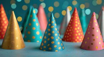 AI generated red, gold, and blue paper party hats photo