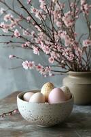AI generated pink and yellow trees and eggs in an easter bowl on a table photo