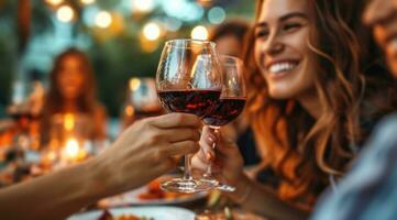 ai generado personas a un cena mesa bebida vino foto