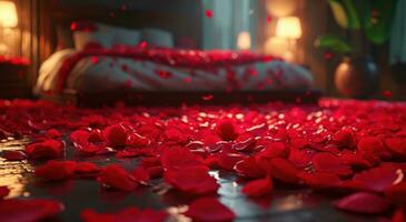 AI generated petals are scattered under a bed on the ground photo