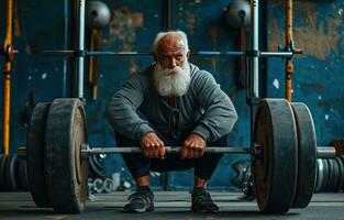 AI generated old man squatting with two barbells photo