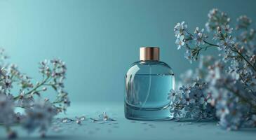 AI generated perfume bottle and flowers on blue background photo