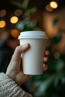 AI generated person hand holding cup of coffeewhite disposable paper cup photo