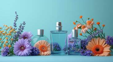 AI generated perfume bottle and flowers on blue background photo