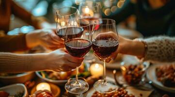 ai generado personas a un cena mesa bebida vino foto