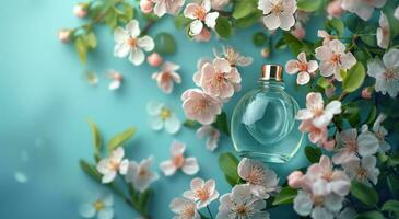 AI generated floral perfumes on a blue background photo