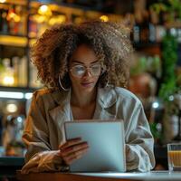 AI generated business woman in cafe reading tablet on counter photo