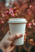 AI generated person hand holding cup of coffeewhite disposable paper cup photo