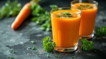 AI generated three glasses containing carrot juice photo