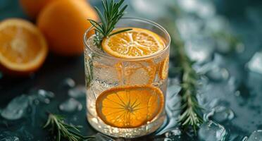 AI generated in an empty glass, fresh citrus slices and rosemary adorn a glass of water, photo