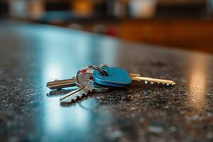 ai generado llave de casa llaves en mesa en cocina foto