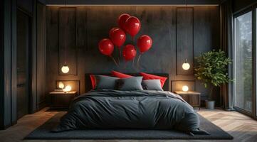 AI generated decorative bed with balloons inside a romantic bed room photo