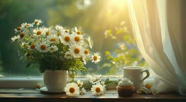 ai generado flores arreglo con taza y café en un ventana umbral foto