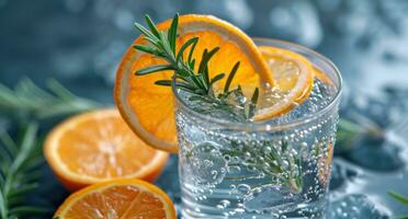 AI generated in an empty glass, fresh citrus slices and rosemary adorn a glass of water, photo