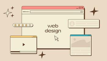 Web UI UX design. Web design concept banner in retro style. Studio prototyping or coding web page or mobile app. Online application design, coding, programming and web building. Vector illustration.