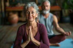 AI generated senior couples in yoga poses photo