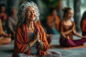 AI generated seniors are smiling and meditating in a yoga class photo